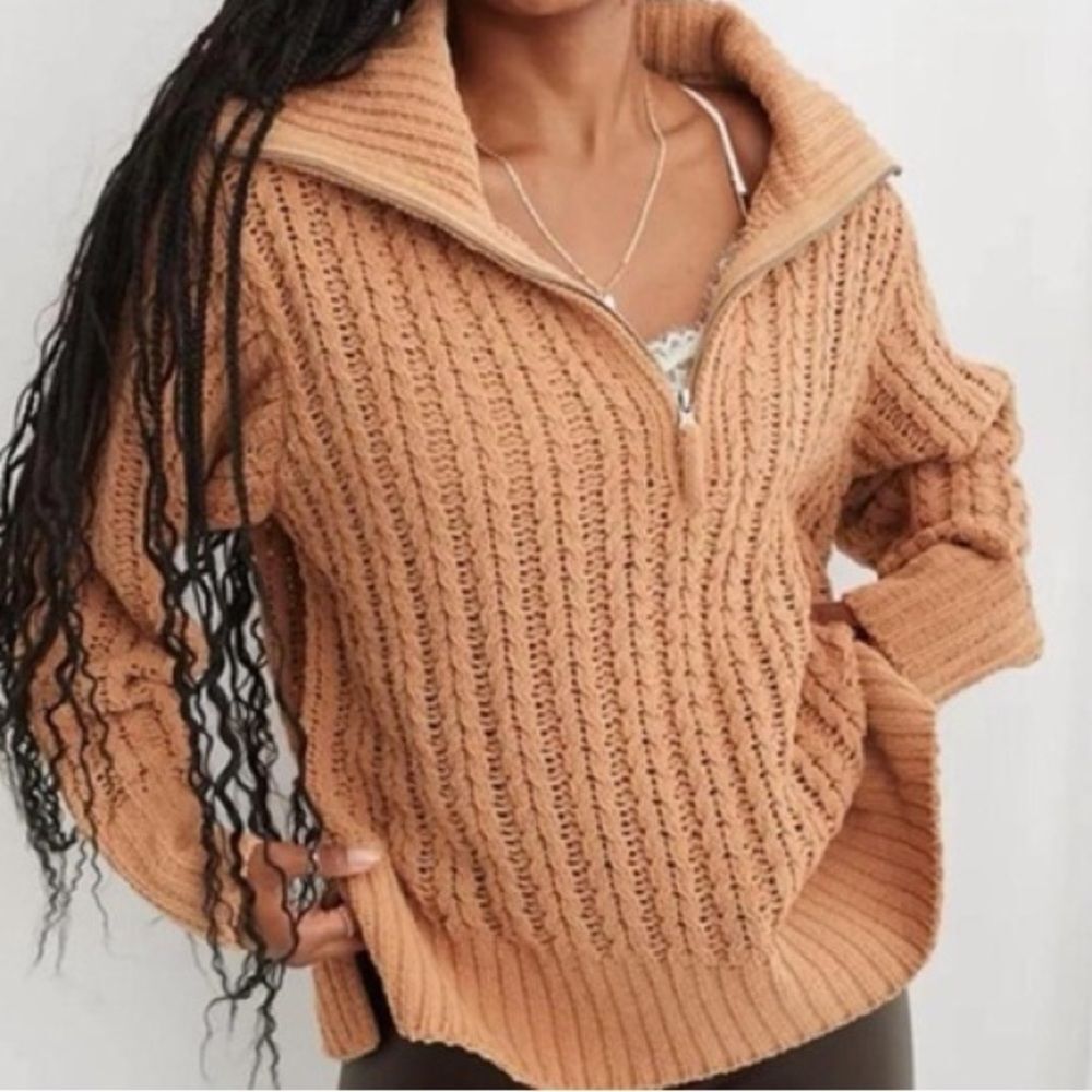 Aerie Cable Chunky Knit Quarter Zip Collared Cozy Sweater Camel Tan Size S